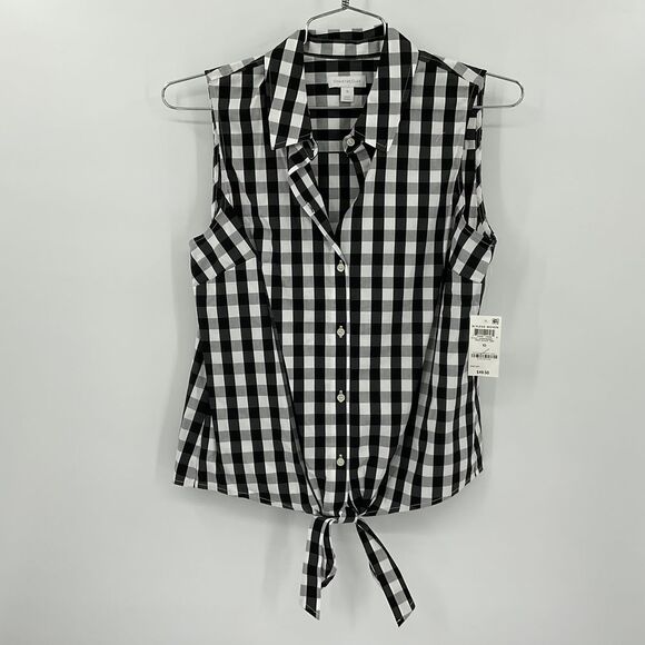 Charter Club Tops - Charter Club Women Gingham,Print Tie,Hem Shirt, Deep Black Size 10 (Z137)‎